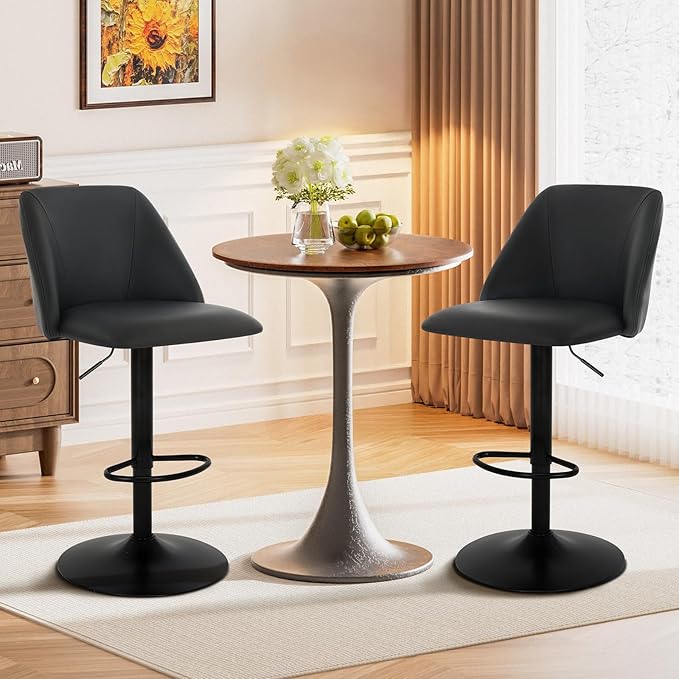 COLAMY Adjustable Bar Stools, Modern PU Leather Bar Chairs with Curved Mid-Back, 360° Swivel Counter Height Stools with Footrest & Sturdy Base for Kitchen Island, Dining Room, Home Bar,Set of 3