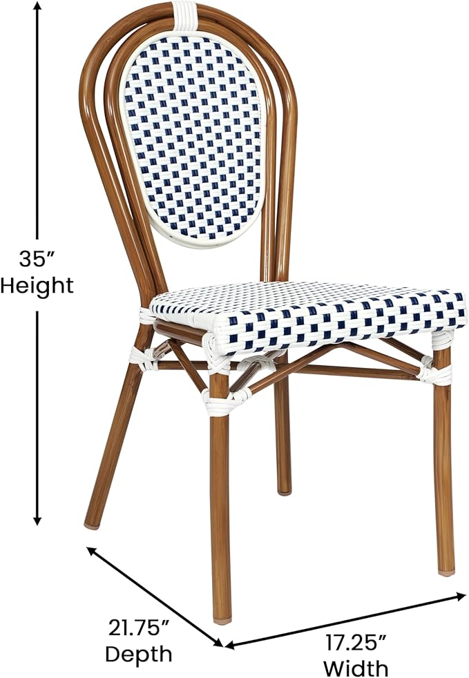Flash Furniture Lourdes Indoor/Outdoor Commercial Thonet Bistro Stack Chair - White/Navy PE Rattan Back and Seat - Natural Bamboo Print Metal Frame - Set of 2