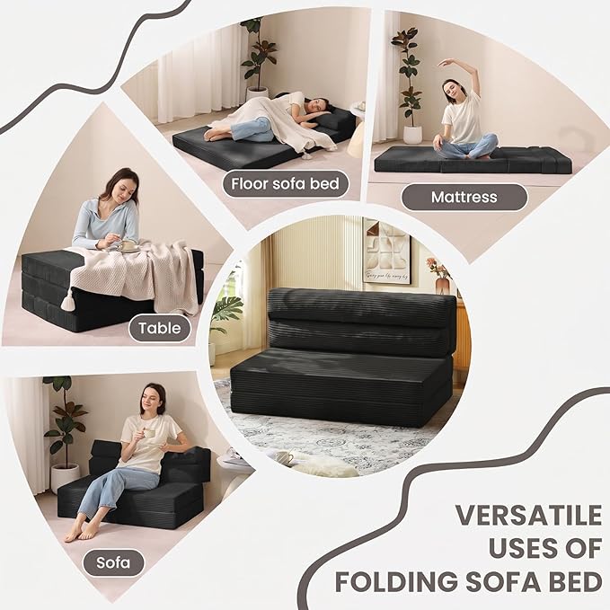 JUIKURY Folding Sofa Bed, Convertible Sleeper Chair with Pilow Foldable Matress, 2 in 1 Pull Out Loveseat Sofa Portable Fold Out Chair Bed Floor Couch Lounge for Living Room (Black, Full)