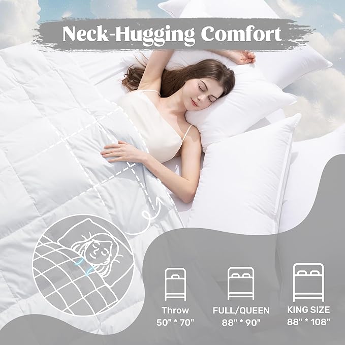puredown® Soft Feather Down Blanket Lightweight Packable Down & Feather Fill Blanket for Indoor and Outdoor Use, Queen Size Blankets, 88"X90", Pure White