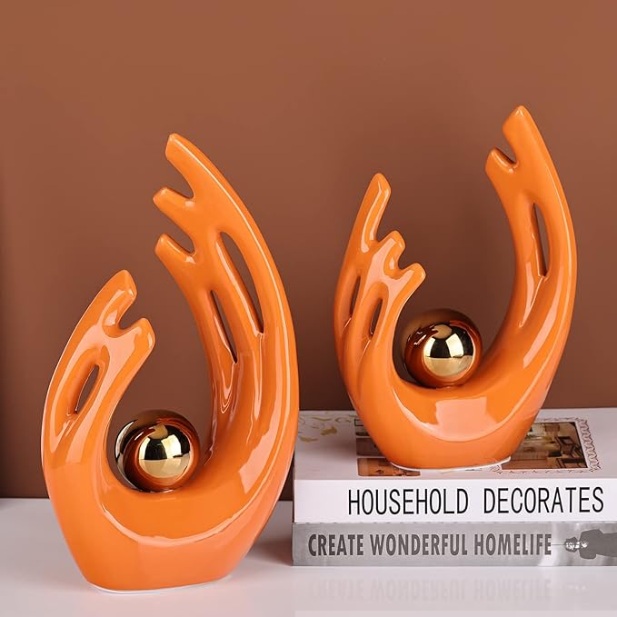 9.5"H Orange Gold Aesthetic Room Decor Accent, TV Stand Funky Table Centerpiece, Abstract Art Ceramic Statue and Sculpture, Orange Decor for Living Room, Bookshelf Decorative Objects, Shelf Decor