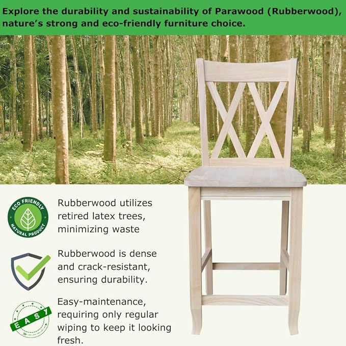 International Concepts Double X-Back Counter Stool, 24-Inch Seat, Solid Parawood, Unfinished