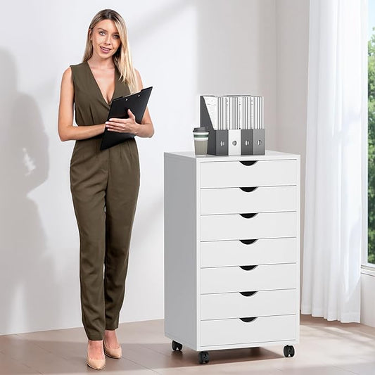 7 Drawer Chest, Storage Cabinet Dressers with Wheels, Dressers Storage Cabinets, Dresser Mobile Cabinet with Wheels, Room Organizer, Small Drawers Wood Organization Furniture for Office, Home, White