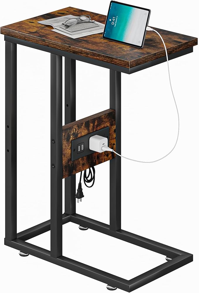 VECELO C Shaped End Table with Charging Station & Power Outlets, Quick Access Side Table for Sofa, C Bedside for Living Room Bedroom 1 Set,Brown