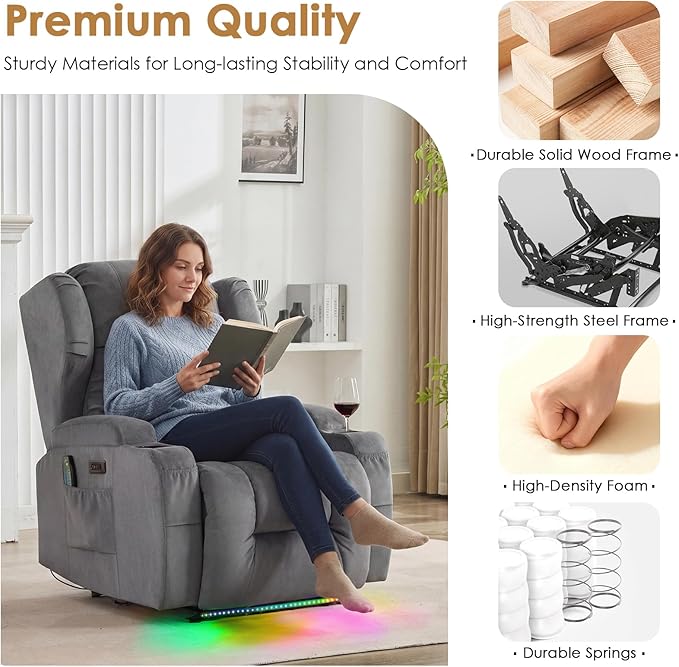 SAMERY Power Recliner Chair, Electric Wall Hugger Recliner Chair Reclining Sofa Home Theater Seating for Living Room with Massage & Heat, USB, LED Lights, Cup Holders, Side Pockets, Lumbar Pillow | 1-Inch Wall Hugger, Extra Wide Seat, Full Body Comfort...