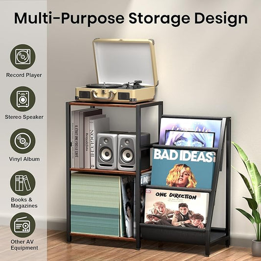 Record Player Stand, Turntable Stand with Vinyl Record Storage Holds up to 300+ Albums, 3-Tier Storage Cabinet And Table with Vinyl LP Display Shelf Holder, Turntable Cabinet Media Console for Living Room