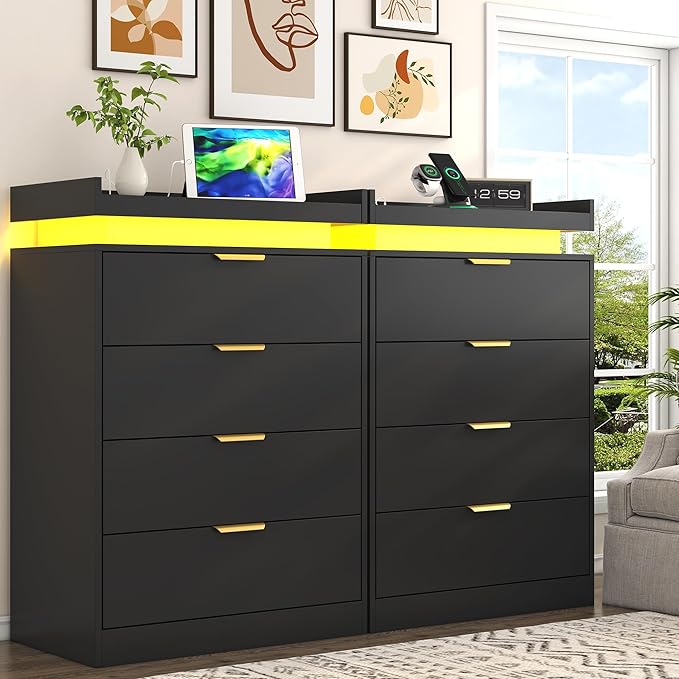 Black Dresser with LED Lights and Power Outlet, Wooden 4 Drawer Dresser Tall Dresser for Bedroom, Modern Chest of Drawers Closet Organizer for Bedroom, Entryway, Hallway
