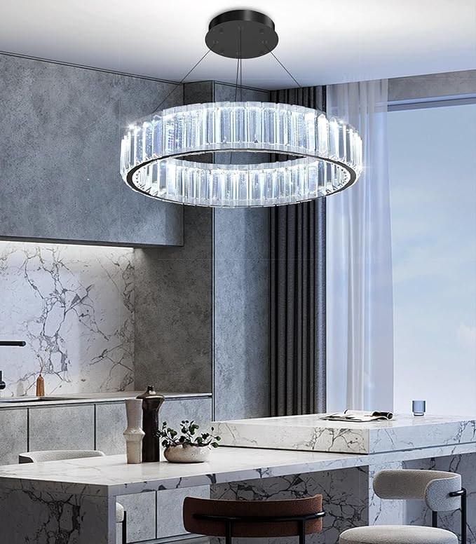 16'' Modern Ring Chandelier Crystal Chandeliers for Dining Room Round LED Dimmable Ceiling Light Fixture for Living Room Bedroom Lighting Black