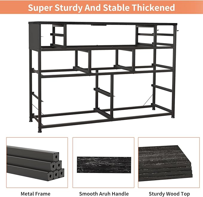 Dresser TV Stand with Power Outlets and LED Lights for 55'' TV, 11 Drawers Dresser with Side Pocket, Fabric Chest of Drawers with PU Finish, Sturdy Frame & Wood Top (Charcoal Black)