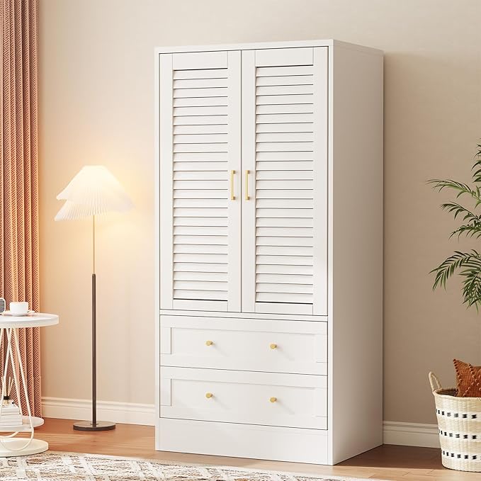 65" Louvered Armoire Wardrobe Closet, Wood Clothing Storage Cabinets with 2 Doors and 2 Drawers, Wooden Wardrobe Closet with Hanging Rod for Bedroom, Cloak Room, Laundry Room, Entrance Hall, White