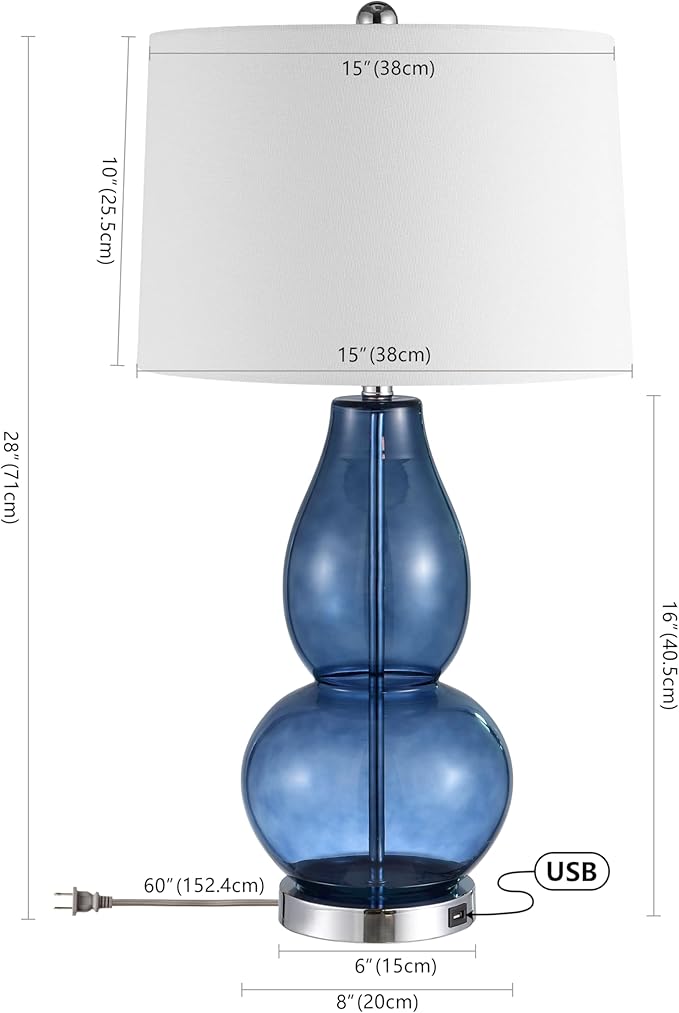 SAFAVIEH Lighting Collection Mercurio Blue Glass Double Gourd 28-inch Table Lamp Set of 2 with USB Charging Port (LED Bulbs Included)