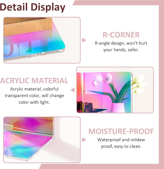 8 Inch Iridescent Shelf for Wall, Acrylic Small Floating Shelf, Home Wall Shelf Organizer for Room Storage, Room Décor, Space Saving, 4'' Depth, 2 Pack