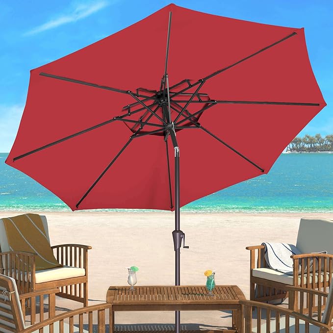 9FT Outdoor Patio Umbrella - 2 Tiers Table Umbrella Waterprool UV Protection, Sombrillas de Patio with Push Button Tilt, Sun Umbrella for Pool, Porch, Garden, Backyard (Red)