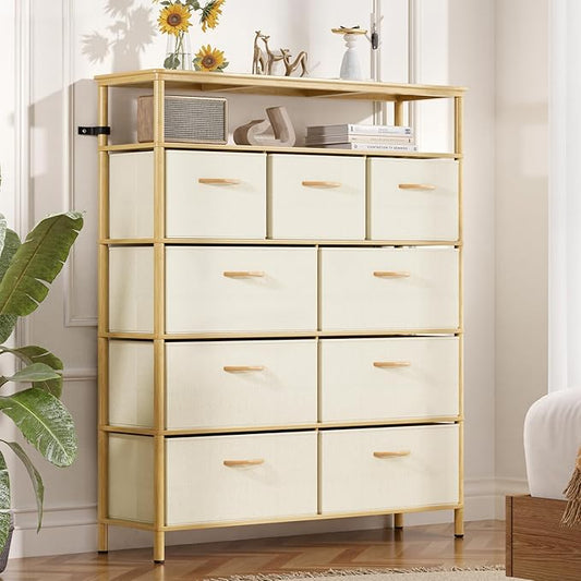 9 Drawer Fabric Dresser, Bamboo Fabric Drawer Dresser, Large Capacity Storage, for Bedroom and Living Room