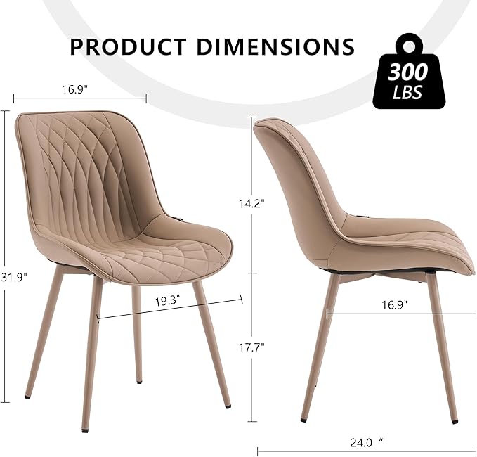 YOUNIKE Faux Leather Dining Chairs Set of 2 Mid-Century Modern High Padded Back Comfy Upholstered Kitchen Chairs with Metal Legs Wide Seat Accent Side Chair for Dining/Living/Waiting Room Khaki