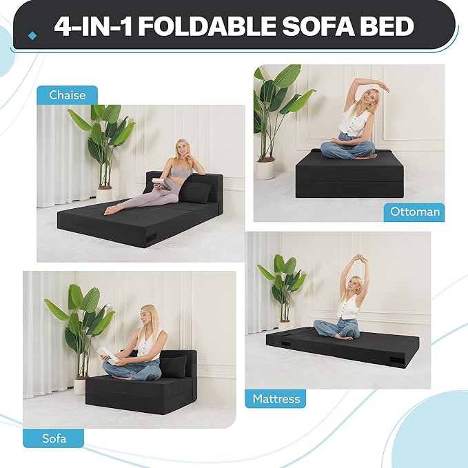 Fvkind Folding Sofa Bed, 4 in 1 Convertible Sleeper Sofa Bed Chair with Pillow, Twin Memory Foam Loveseat Futon Sleeper Chair, Foldable Futon Couch for Living Room, Bedroom, Guest Room, Dark Grey