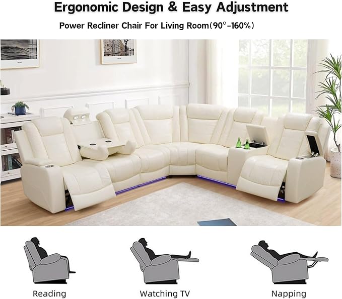 Power Recliner Sectional Sofa with LED Lights & Reading Lamps, Breathing Leather Corner Couch with USB Charging, Storage Console & Cup Holders in Every Armrest, Home Theater Seating for Living Room