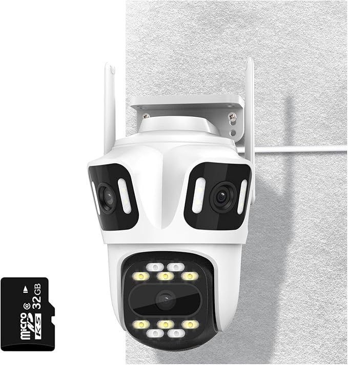 3 In 1 Security Camera Indoor Outdoor, 360° View Pan/Tilt Wi-Fi Camera Wired 24/7 Recording, 32GB Local Storage, No Subscription, Free AI Detection, Motion Tracking, 2 Way Audio, Color Night Vision