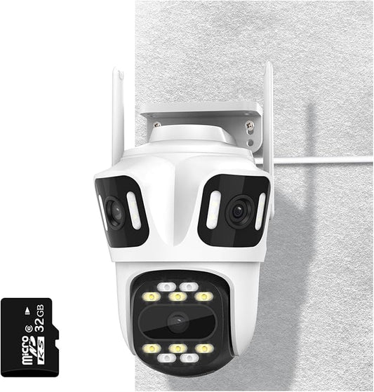 3 In 1 Security Camera Indoor Outdoor, 360° View Pan/Tilt Wi-Fi Camera Wired 24/7 Recording, 32GB Local Storage, No Subscription, Free AI Detection, Motion Tracking, 2 Way Audio, Color Night Vision