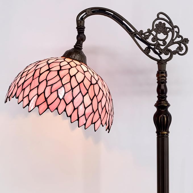 WERFACTORY Tiffany Floor Lamp Pink Stained Glass Wisteria Light 12X18X64 Inches Pole Torchiere Standing Corner Torch Uplight Decor Bedroom Living Room Home Office S523P Series