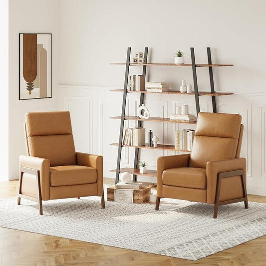 COLAMY Push Back Recliner Chair Set of 2, Upholstered Leather Recliner with Footrest 105-135 Degree Adjustable, Comfy Modern Wingback Recliner for Living Room, Bedroom,Small Spaces, Camel