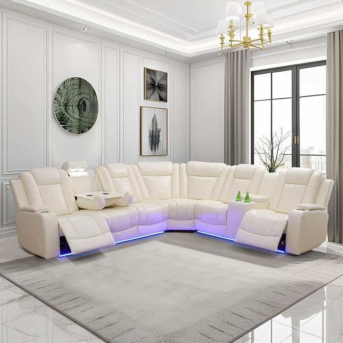 Power Reclining Sectional Sofa Set with LED Lights, Vegan Leather Recliner Sectional Couch for Living Room Furniture,Wireless Charging/USB Charging/Reading Lamp/Armrest Storage,White Pro
