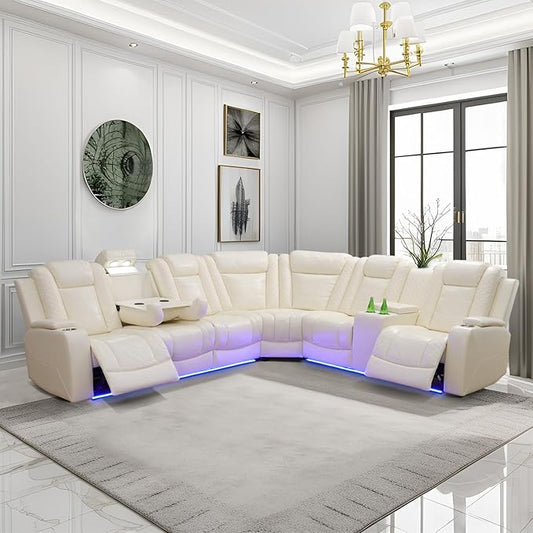 Power Reclining Sectional Sofa Set with LED Lights, Vegan Leather Recliner Sectional Couch for Living Room Furniture,Wireless Charging/USB Charging/Reading Lamp/Armrest Storage,White Pro