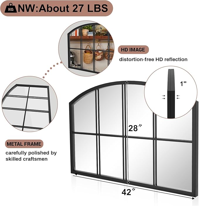 Arched Window Mirror, Matte Black Windowpane Wall Mirror, Wide Grid Decorative Mirrors, Arch Metal Frame Mirrors for Living Room, Entryway, 42" x 28"