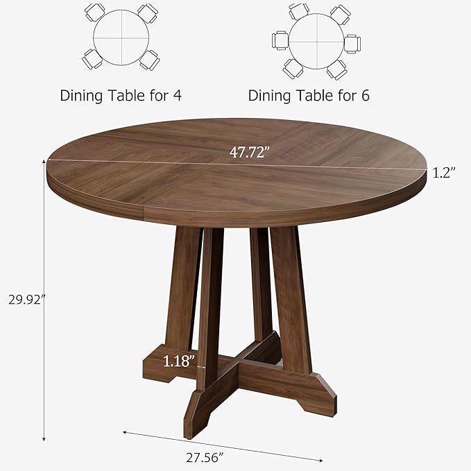 IDEALHOUSE Round Dining Table for 4, 47 Inches Dining Room Table with Wooden Base, Kitchen Table with Circle Tabletop, Dinner Table for Dining Room, Kitchen, Living Room, Brown