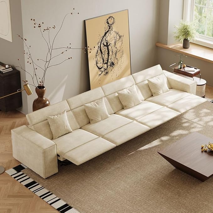 145" Power Sofa with Performance Fabric for Living Room, Sofa with Pillows, Mid Century Modern Seats with Recliners, Pet Friendly, Free Combination for Home, Beige