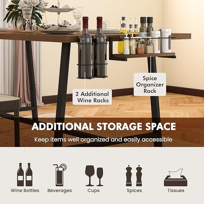 GOFLAME Dining Table for 5-7 People, 72” Large Wooden Kitchen Table with Wine Rack and Spice Rack, Rectangular Dinner Table with Metal Frame for Dining Room, Living Room, Walnut