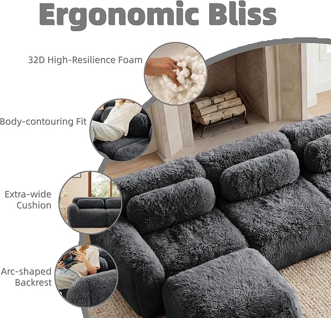 114.7" L-Shaped Boneless Modular Sofa, Plush Foam Lounge Couch, 32D High Density Sponge, Plush Convertible Sofa Set Deep Seat Couches for Living Room, Bedroom and Apartment, Dark Grey
