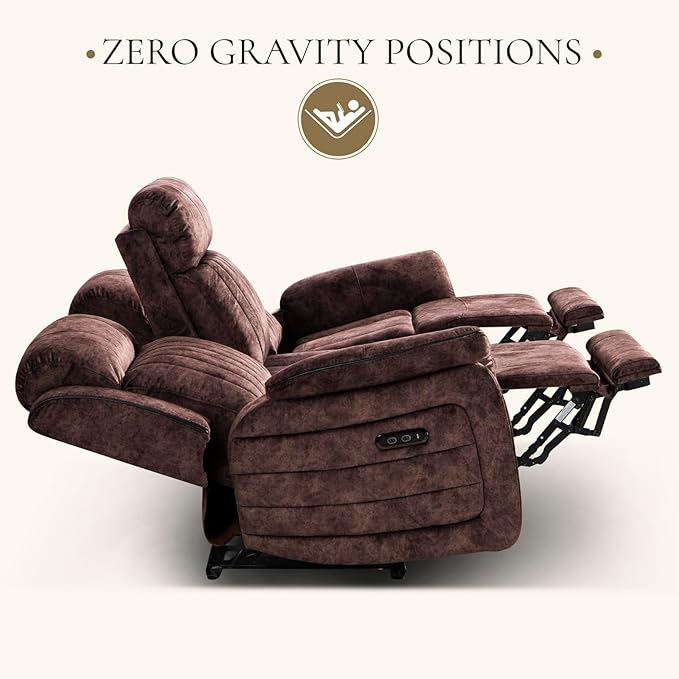 Power Reclining Sofa with Zero Gravity, Adjustable Headrest, Electric Reclining Couch with Wireless Charge, USB/Type-C Ports, Wall Hugger Couches for Living Room (Brown, 3 Seater Sofa)