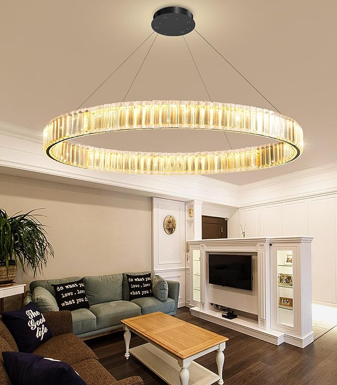 32'' Modern Ring Chandelier Crystal Chandeliers for Dining Room Round LED Dimmable Ceiling Light Fixture for Living Room Bedroom Lighting Black