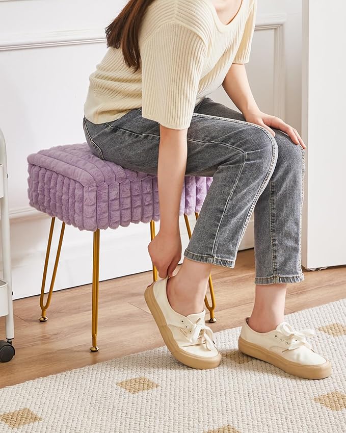 IBUYKE Rectangle Vanity Chair with Storage Space, Footrest Footstool Ottoman, Vanity Stool, Dressing Table Chair, with Anti-Slip Feet, for Makeup Room, Bedroom, Square Grid Pattern, Purple WBD004V