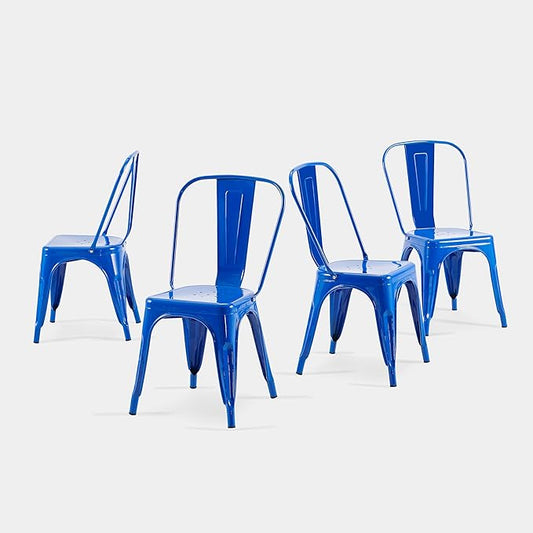 AC Pacific 18 Inch Seat Height Industrial Metal Dining Chairs, Stackable Kitchen or Bar Seat, Durable Modern Design, Versatile Accent Furniture, Set of 4, Blue