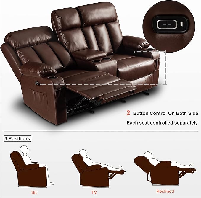 MCombo Zero Gravity Loveseat Recliner with with Console, Heat and Massage, Power Reclining Sofa for Living Room, Faux Leather 6095 (Dark Brown, Loveseat Recliner with Console)