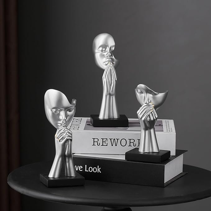 3 Pcs Silver Decor Prayer Statues, Modern Prayer of Peace Figurines Shelf Decor Accents, Abstract Art Sculpture Home Decorations for Living Room Bedroom Office Bookshelf Coffee Table, Gifts for Women