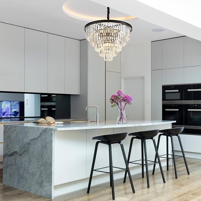 23.23" Black Crystal Chandelier 12-Light Modern Crystal Pendant Ceiling Light Fixture 5-Tier Luxury K9 Crystal Chandeliers,for Dining Room Kitchen Island Living Room Bedroom