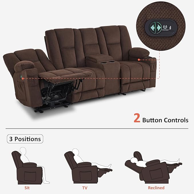 MCombo Zero Gravity 3 Seater Power Reclining Sofa with Console, Heat and Vibration Massage, Recliner Couch for Living Room, Fabric 6035SET (Brown, 3 Seater with Console)