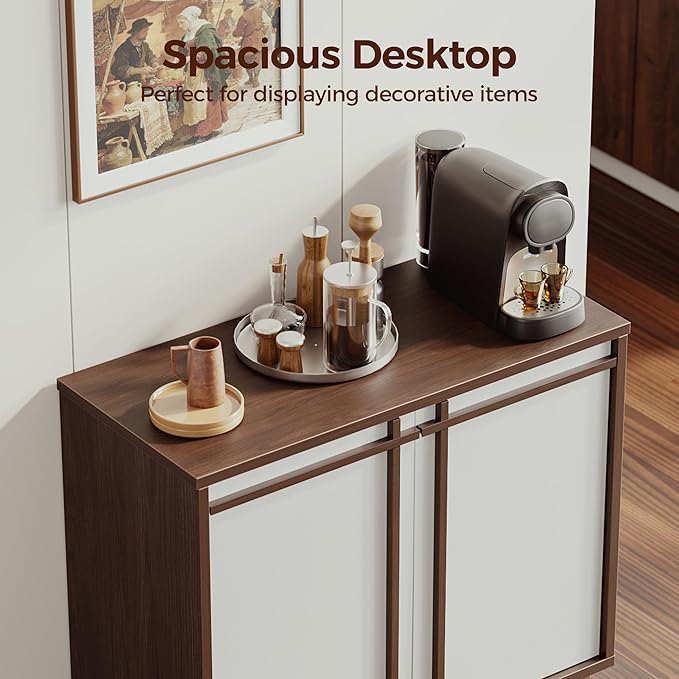 Sideboard Buffet Cabinet with Storage, 2 Doors, Adjustable Shelves, Wooden Mid Century Coffee Bar Cabinet for Entryway, Living Room, Kitchen, Walnut/White
