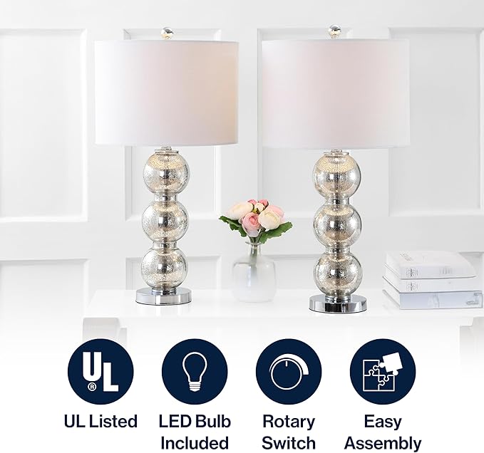 JONATHAN Y 27" Mercury Silver/Chrome Triple-Sphere Glass Table Lamp Set of 2, Bedside, White Linen Shade, Modern Table Lamps for Living Room, Bedroom, Office, LED Bulbs Included (JYL1070B-SET2)