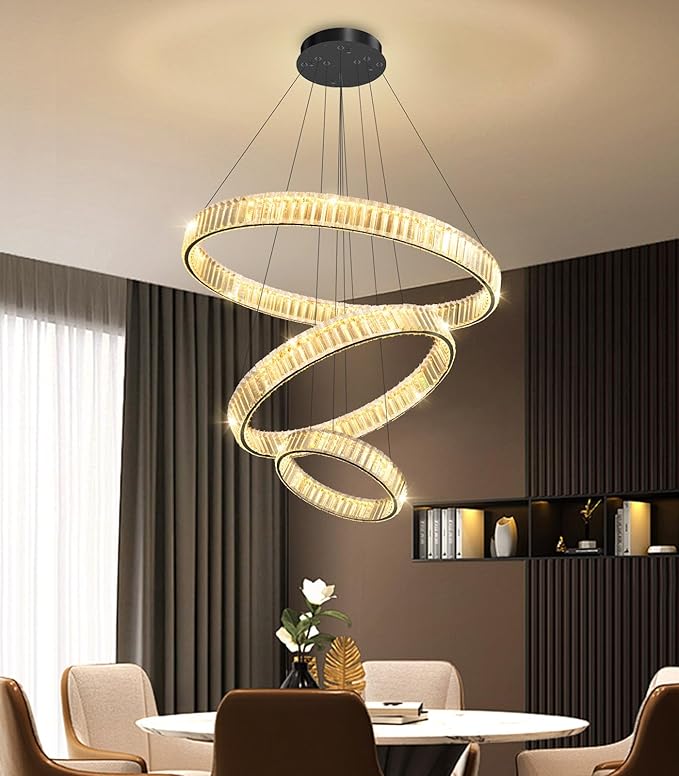 24''+16''+8'' Modern Ring Chandelier Crystal Chandeliers for Dining Room Round LED Dimmable Ceiling Light Fixture for Living Room Bedroom Lighting Black