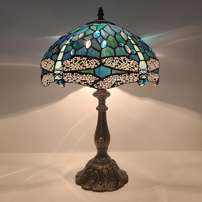 Tiffany Lamp Stained Glass Table Lamp Bedside Reading Light W12H19 Inches (Sea Blue Dragonfly Style)