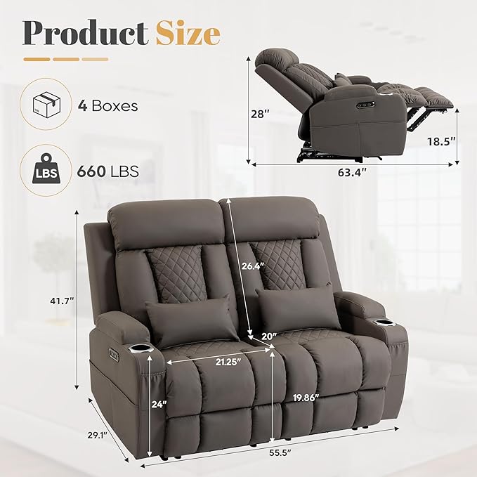 2-Piece Power Reclining Sofa Set, 3-Seater Sofa with Drop-Down Console & 2-Seater Loveseat, Zero Wall Hugger Electric Recliner Couch with Adjustable Headrest, AC Outlets (Brown, Loveseat)