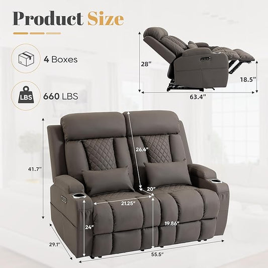 2-Piece Power Reclining Sofa Set, 3-Seater Sofa with Drop-Down Console & 2-Seater Loveseat, Zero Wall Hugger Electric Recliner Couch with Adjustable Headrest, AC Outlets (Brown, Loveseat)