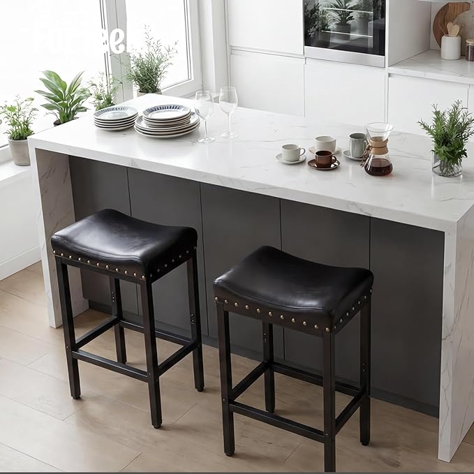 Counter Height Bar Stools Set of 2, 30 Inch, Industrial Vintage Bar Stool with Nailhead, Faux Leather Barstool with Footrest, Saddle Stool for Kitchen Island, Dining Room, Easy Assembly