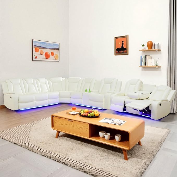 Power Reclinier Sectional Sofa Set,White Leather Reclining Sectional Modular Couch Set,L Shaped Leather Couch with LED Light for Living Room/House/Apartment/Lounge(L+3 Seats Sofa)