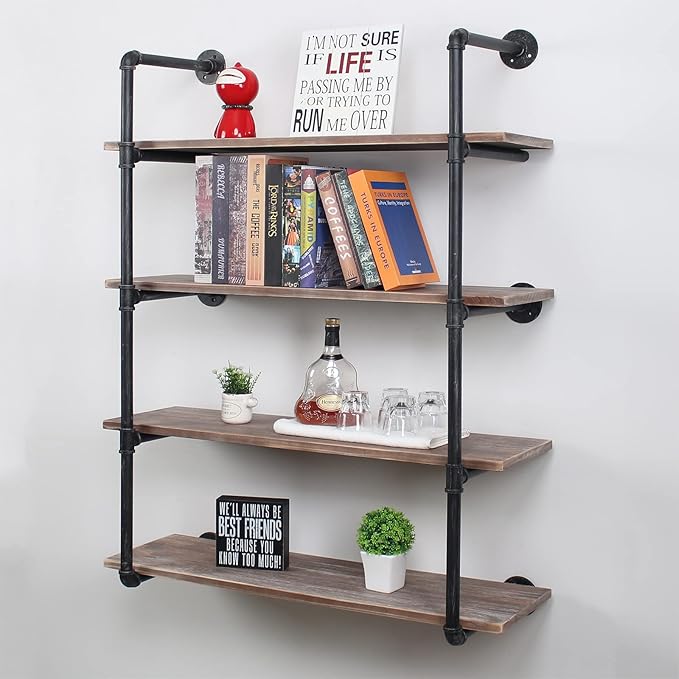 MBQQ Industrial Pipe Shelving Wall Mounted,48in Rustic Metal Floating Shelves,Steampunk Real Wood Book Shelves,Wall Shelf Unit Bookshelf Hanging Wall Shelves,Farmhouse Kitchen Bar Shelving(4 Tier)