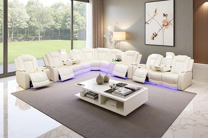Power Recliner Sectional Sofa Set with LED Light,L Shaped Leather Sectional Couch Set with 5 Recliner Seats,Modular Couches with USB Ports for Living Room Furniture,Cream White